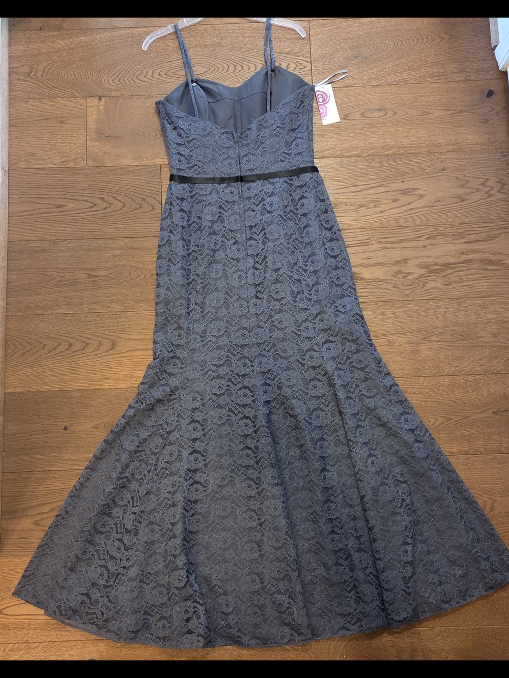Formal, Prom- Lace Spaghetti-Strap Maxi Dress in Charcoal Gray - Picture 2 of 2